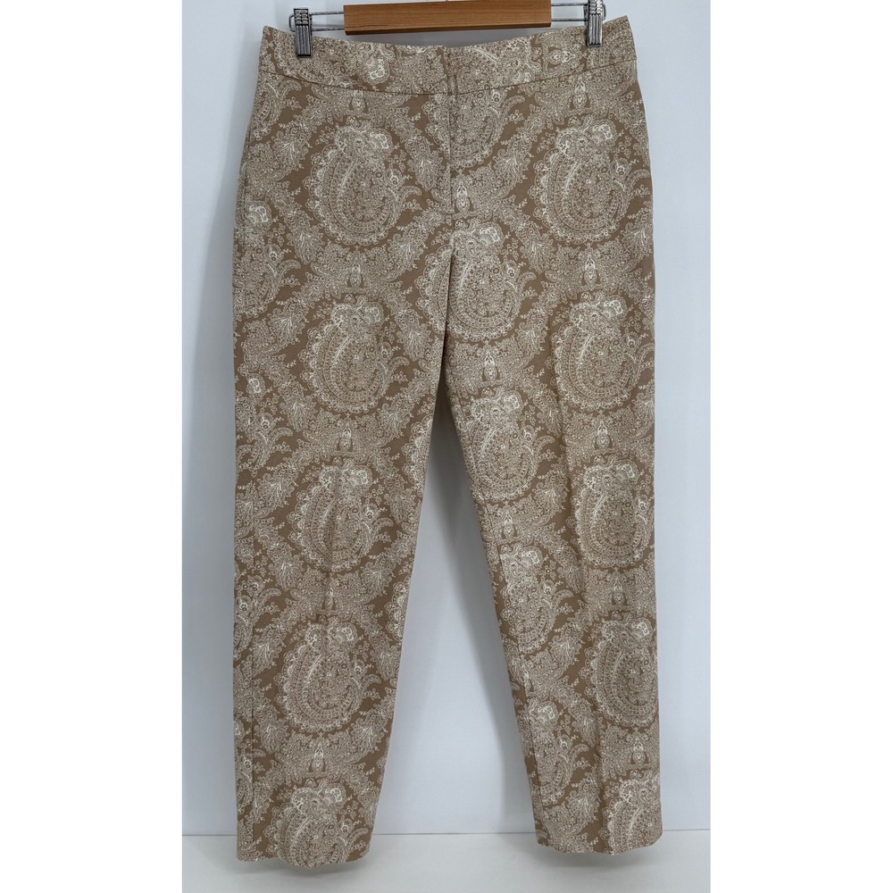 Talbots Heritage Womens Tan White Paisley Ankle Pants Cotton Stretch Slim Sz 10